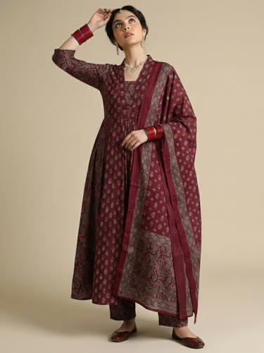 Image of ANNI Designer Women's Viscose Printed A-Line Kurta Set with Pant and Dupatta | Ethnic Wear Dress | V-Neck | 3 /4 Sleeve Indian Traditional Outfit for Women