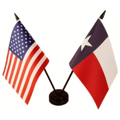 Zigvert America & Texas Twin Desk Flag, US Texas Table Flags, 8 x 5 Inches American & Texas Deluxe Desk Flag Set - Miniature USA & Texas Stick Flag with Flag Stand Cover
