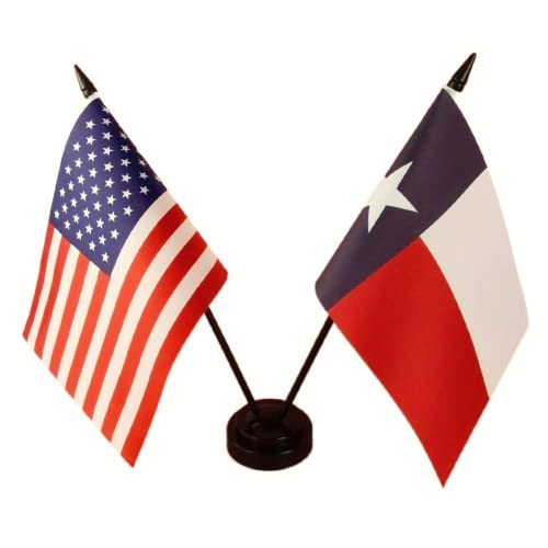 Zigvert America & Texas Twin Desk Flag, Us Texas Table Flags, 8 X 5 Inches American & Texas Deluxe Desk Flag Set - Miniature Usa & Texas Stick Flag With Flag Stand #TOP20