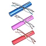 Skoveide 3 Pack Reading Glasses for Women Men Compact Slim Pocket Readers With Pen Clip Metal Case Spring Blue Light Blocking (Red, Purple and Blue, 2.0, x)