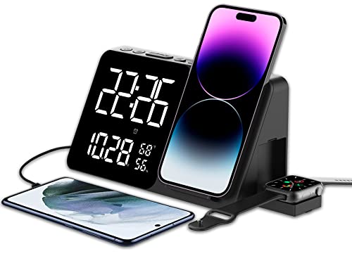 Techfrog 15W Wireless Charging Alarm Clock, Dimmable Display, 12/24 Hours, Snooze, Night Light, Calendar, Temperature And Humidity Display, 5W Watch Charger, Usb Charging Port, 9 Alarm Tones #TOP22