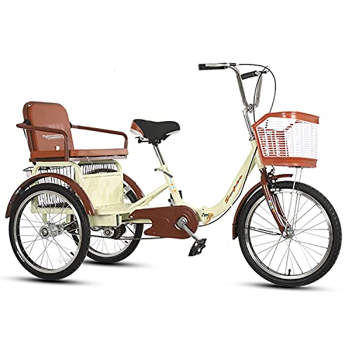 三輪自転車 20インチ大人用三輪車、3輪クルーズトライク折りたたみ式大人用自転車、ショッピングバスケットと後部座席付き、高齢者向けサイクリングペダリングの伝統的なデザイン