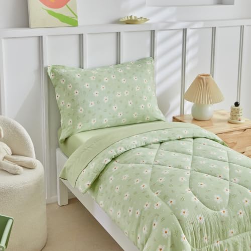 Image of DuShow Green Floral Toddler Bedding Set,4 Pieces Toddler Crib Bed Sheet Set for Girls and Boys,Soft Toddler Comforter Set Includes Comforter,Flat Sheet,Fitted Sheet,Pillowcase