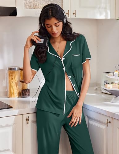 Image of Ekouaer Pajamas for Women Set Button Up Soft Pjs Short Sleeve 2 Piece Lounge Sets Comfy Sleepwear