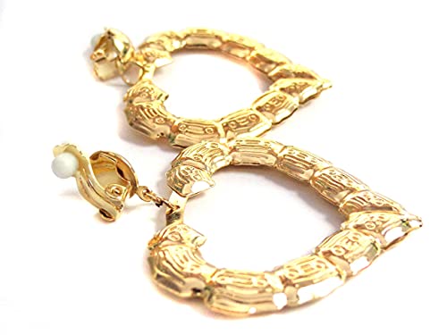 Aretes de aro con clip tono dorado corazón bambú 2 pulg miniatura 3