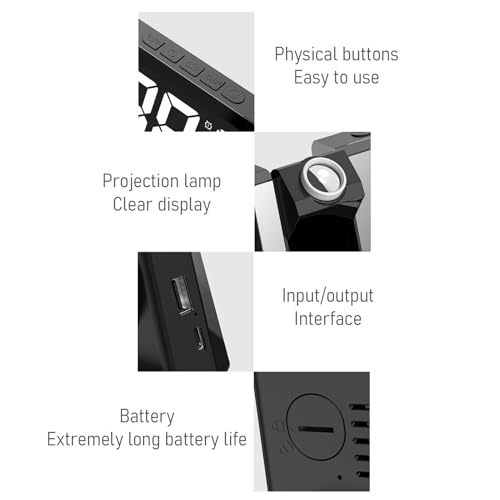 Reloj de proyección de techo – Reloj despertador de cabecera, despertadores electrónicos inteligentes | Proyector digital giratorio de 180 grados con sensor de temperatura para dormitorio, hogar - imagen 9