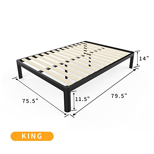 MAF 14 Inch King Platform Bed Frames with Wooden Slats, Black 3500 Lbs Heavy Duty Metal Bed Frame with Anti-Collision Round Legs, No Box Spring Needed, Easy Assembly - Thumbnail 2