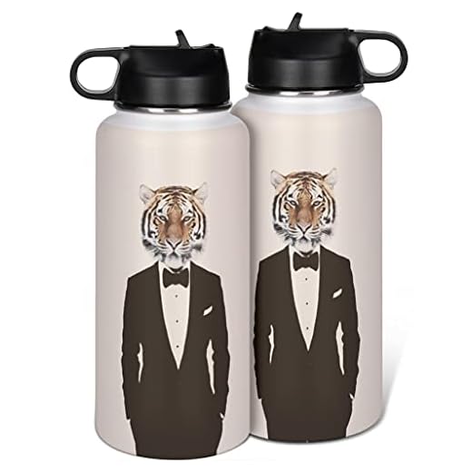 Greenieey Tiger män isolerad vattenflaska med sugrör för sport och resor, rostfritt stål termosflaska för vuxna och barn vit 1 000 ml (32 oz)