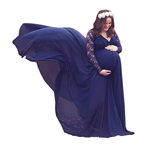 Feoya gravid klänning fotografi kort/lång ärm spets dam klänning graviditet skytte chiffong V-hals moderskap bröllop cocktail fest ceremoni födelsedag, 02 mörkblå, L