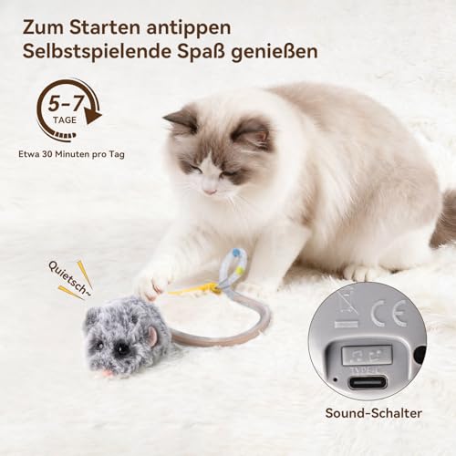 Migipaws Interaktives Katzenspielzeug, elektrisch rollende Migimaus mit wackelndem Schwanz, Intelligenter Sensor, Quietschen, Katzenspielzeug selbstbeschäftigung mit Katzenminze, wiederaufla-3
