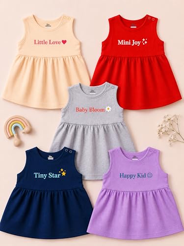 Image of Kidbee Baby Girls A-Line Dress Combo Pack of 5 | Printed Cotton Blend Frocks | Multicolor | Newborn, Infant & Toddler