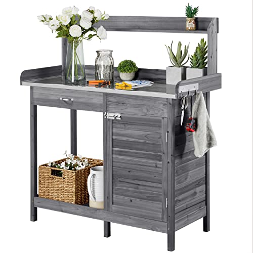 Yaheetech Outdoor Garden Potting Bench Table Work Bench Metal Tabletop w/Cabinet Drawer Open Shelf Natural,Gray