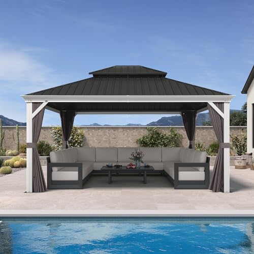 PURPLE LEAF 13' X 15' Hardtop Gazebo with Double Galvanized Steel Roof Awning and Upgrade Curtain for Patio Lawn and Garden, Grey - Image 3