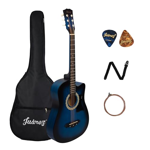 Image of JUAREZ 38 Inch Cutaway Acoustic Guitar Kit with Pick Guard | ABS Neck & Fingerboard | Linden Wood Body | Steel Strings | Blue Sunburst | Guitar Bag, Strap, Picks & Spare Strings, JRZ38CAB-TBS-KIT
