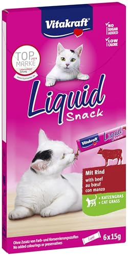 Vitakraft Liquid Snack, Katzen Leckerli, Katzensnack cremig, mit Rind und Katzengras, in einzelnen Sachets, für eine gesunde Darmflora (1 Paket mit 6x 15g)
