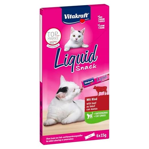 Vitakraft 23521 - Merienda líquida con carne de res y hierba de gato, 1 paquete con 6 bolsas de 15 gr, total 90 gr