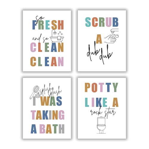 QPOKLAF Colorful Laundry Wall Art Prints Funny Washroom Wall Decor,Bathroom Art Posters Restroom Aesthetic Set of 4 (8x10inch,Unframed)