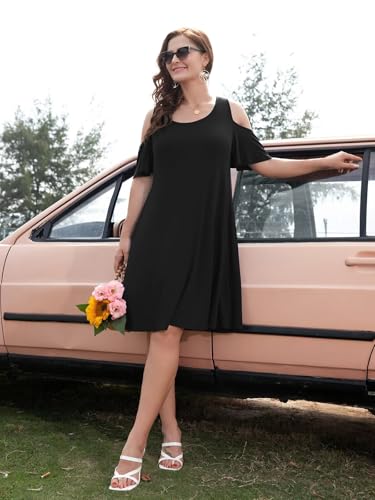Image of BELAROI Womens Plus Size Dresses Short Sleeve Cold Shoulder Casual T Shirt Swing Dress Summer Beach Sundress