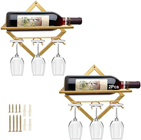 2Pcs Metal Wall Mounted Wine Holder Stemware Glass Rack, Collapsible Wall Hanging Red Wine Racks Organizer with 3 Stem Glass Holders, Wine Bottle Display Hanger for Home Kitchen Bar Decor (Black)