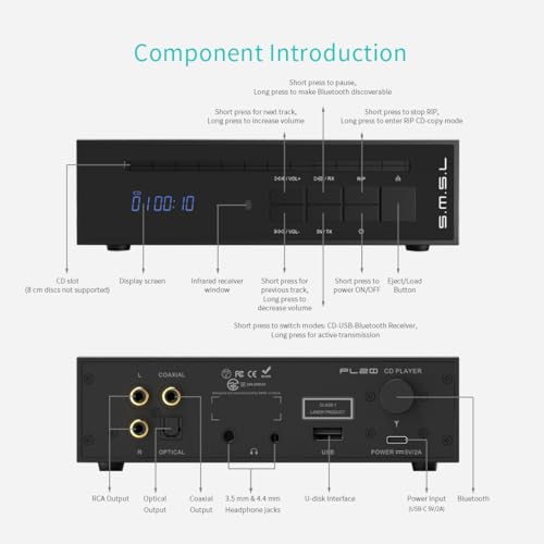 SMSL PL20 HiFi CD Player for Home, CD Ripper, Bluetooth Car CD Players, 2*CS43131 Chip, USB Drive/Bluetooth Input RCA/BT/3.5mm/4.4mm Balanced/Optical/Coaxial Digital Output, Black