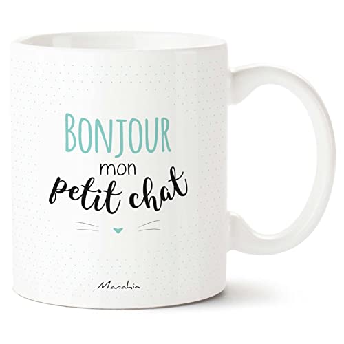 Manahia Mug Chat - Bonjour mon petit chat - Bleu - Imprimé en France - Avec boite Kraft - 330 mL Céramique - Cadeau Saint Valentin - Cadeau Homme - Tasse...