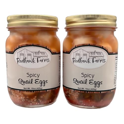 Redhawk Farms Spicy Pickled Quail Eggs - Fresh Quail Eggs Hard Boiled & Pickled In A Spicy Vinegar & Jalapeno Brine - Gourmet Snacks & Garnishes - Made In The USA (16 oz, Pack of 2)