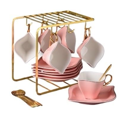 6-teiliges Porzellan-Keramik-Kaffeetassen und Untertassen-Set beinhaltet 6 Keramik-Kaffeetassen, 6 Untertassen, 6 Teelöffel und Präsentationsständer, 200 ml Tassen (2,3)