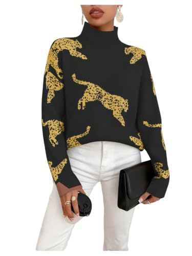 Image of WDIRARA Women's Leopard Tiger Print Sweater High Neck Long Sleeve Fuzzy Knitted Pullover Top