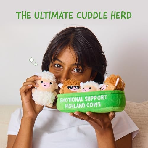 Emotional Support Highland Cows by Relatable, Cuddly Stuffed Animals, Plushies, and Cute Stuff, Great Back to School Gifts and Desk Accessories for All Ages, Includes 5 Toys with Carrying Basket - 1