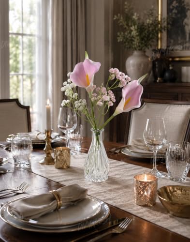 Image of Divyakosh Artificial Pink Calla Lily Flower Arrangement with Glass VASE | (2 Calla Lily + VASE) Faux Floral Bouquet with Baby Breath | Decorative Table Centerpiece for Living Room, Bedroom, Office