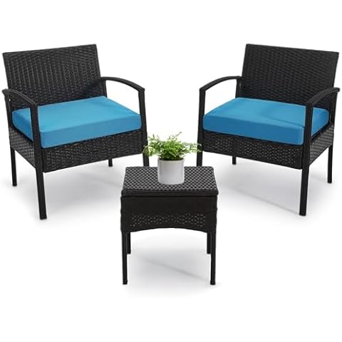 PROHIKER Patio Porch Furniture Set, 3 PCS Outdoor Patio Furniture with Rattan Chairs, Table, Blue Cushions for Garden Porch Balcony Yard Cover