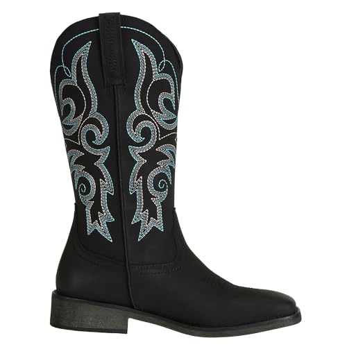 Image of J's.o.l.e Womens Square Toe Cowgirl Cowboy Boots Mid Calf with Chunky Heel Retro Embroidery Western Boots