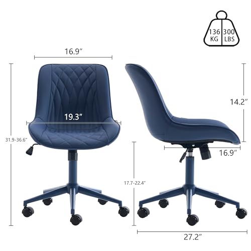 Image of YOUNIKE Faux Leather Office Chair Ergonomic Desk Chair Armless Navy Blue | Ergonomic Upholstered Rocking Back, Swivel with Wheels, Height Adjustable, Modern Task Chair For Computer Sewing Drafting