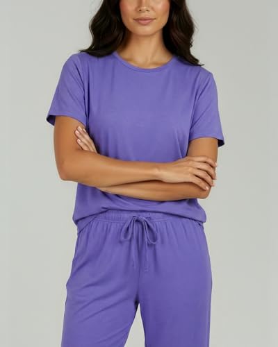 Image of Real Essentials 2 Pack: Womens Pajamas Short Sleeve Sleepwear Tops and Capri Pants Pjs Print Pajama Sets (Available In Plus)