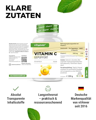 vit4ever Vitamin C gepuffert - 365 Kapseln - Hochdosiert mit 1000mg Vitamin C - Pflanzlich fermentiert (pH-neutral, säurefrei, magenschonend) - Vegan