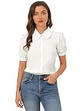 Allegra K Damen Bubikragen Knopfleiste Oberteil Shirt Rüschen Puffärmel Kurzarm Top Bluse Weiß XS