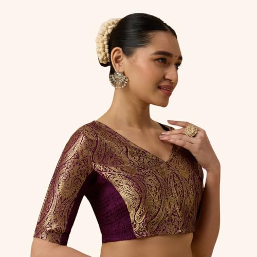 Image of Studio Shringaar Women's Brocade Side Stretch (Smocked) Readymade Saree Blouse