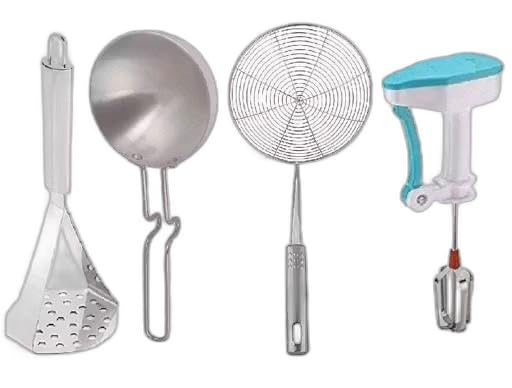 Stainless Steel Kitchen Combo Set of Potato Vegetables Pav Bhaji Masher & Aluminium Silver Tadka Pan & Deep Fry Oil Strainer Jhara and 2 in 1 Multi USE for Kitchen Hand B-image-34