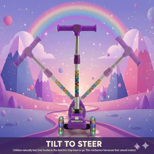 Image of Pixi Turbo Kick Scooter 24mm Wheels | Skate Cycle for Kids with LED Flashing Wheels | Adjustable Height | Foldable | Age 3 to 10 Years | PU Wheels | Max User Weight 50 kgs | Color - Purple