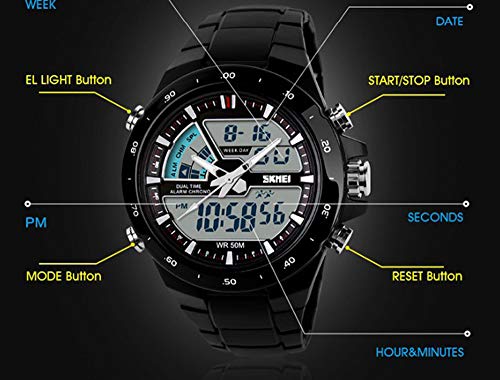 Fanmis Men's Analog Digital 50M Waterproof Sports Watch Military Multifunction Stopwatch Alarm Backlight Gold Watch (1_Black) #TOP1