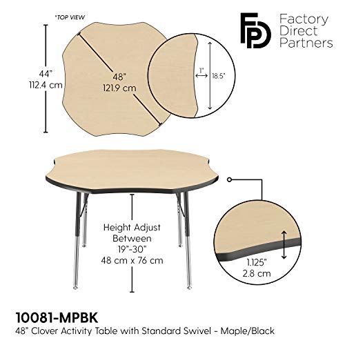 Image of FDP Clover Activity School and Office Table (48 x 48 inch), Standard Legs with Swivel Glides for Collaborative Seating Environments, Adjustable Height 19-30 inches - Maple Top and Black Edge