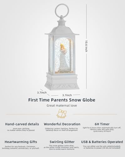 New Mom Gifts, Snow Globe Gift for New Parents,6H Timer, Battery & USB Operated Brithday and Memorial Day Snow Globe, Christmas Decorations Gifts for New Families New Parents and Loving Family