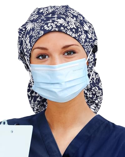 Image of Satin Lined Scrub Cap for Women Extra Large Long Hair Surgical Nurse Cap 4 Buttons