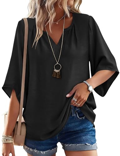 iWoo Bluse Damen 3/4 Arm Boho Tops Elegante V-Ausschnitt Locker Tunika Shirts Casual Oberteil Sommer Blusen