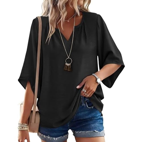 LOMON Women's 3/4 Length Sleeve Boho Tops V Neck Casual Vacation Clothes Loose Fit Tunic Shirts S-3XL Black Medium