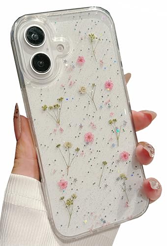 Shinymore Compatible with 11 Pro Max Flower Case, Soft Clear Flexible Rubber Pressed Dry Real Flowers Girls Glitter Floral Cover-Pink