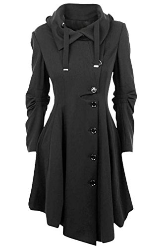 Allonly Women's Button Closure Asymmetrical Hem Long Trench Black Cloak Coat,Black,Large
