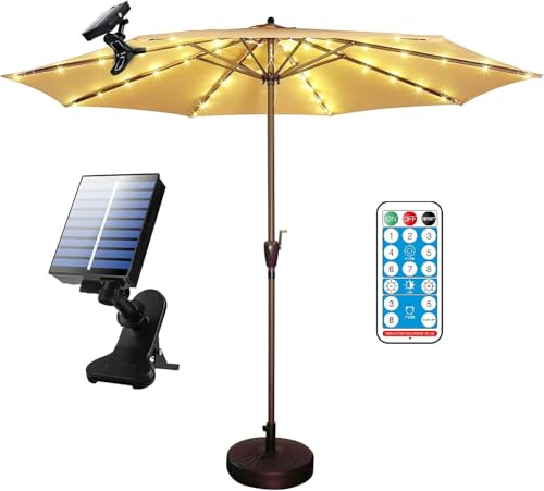 POOCCI Solar Patio Umbrella Lights Cordless Parasol String Lights with Clip Umbrella Pole Light Solar Powered Waterproof for 7-10 Foot Umbrella Outdoor Beach Deck Garden Party Decoration