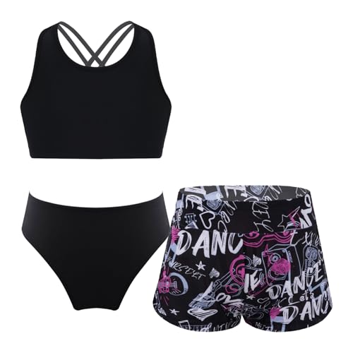 Freebily 3 Pièces Maillots de Bain Filles Tankini Bikini Vetement de Natation Plage Anti UV Ensemble Haut + Slip + Short de Bain Swimwear 3-16 Ans Z Noir Lettres 11-12 Ans