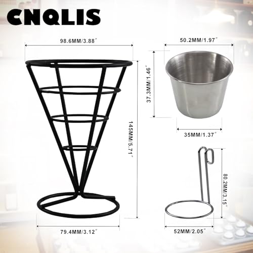 CNQLIS 4-Pack Black French Fry Rack, French Cone Fry Basket with Sauce Cup, Wire Design, Suitable for ice Cream Stand, Buffet Dinner and Family Gathering